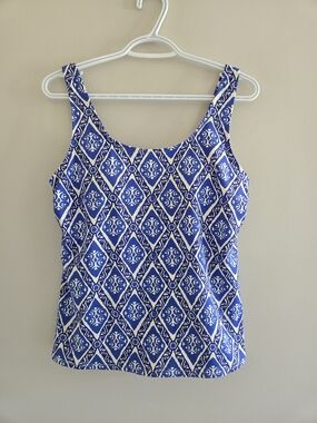 L.L. Bean Blue & White Geometric Tankini Top Swimwear - Lined, New
